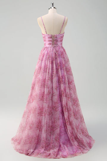 Rosato viola A-Line floreale Spaghetti Straps lungo Abito da cerimonia con fessura